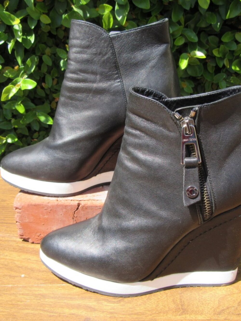 Women's Size 5 (36 1/2) Jimmy Choo Black Zippered Wedge Bootie Shoes